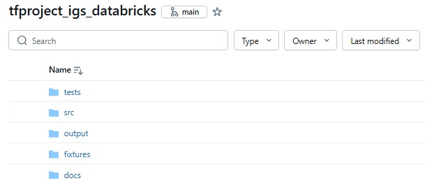 Databricks Git repo view of tfproject_igs_databricks showing the main branch