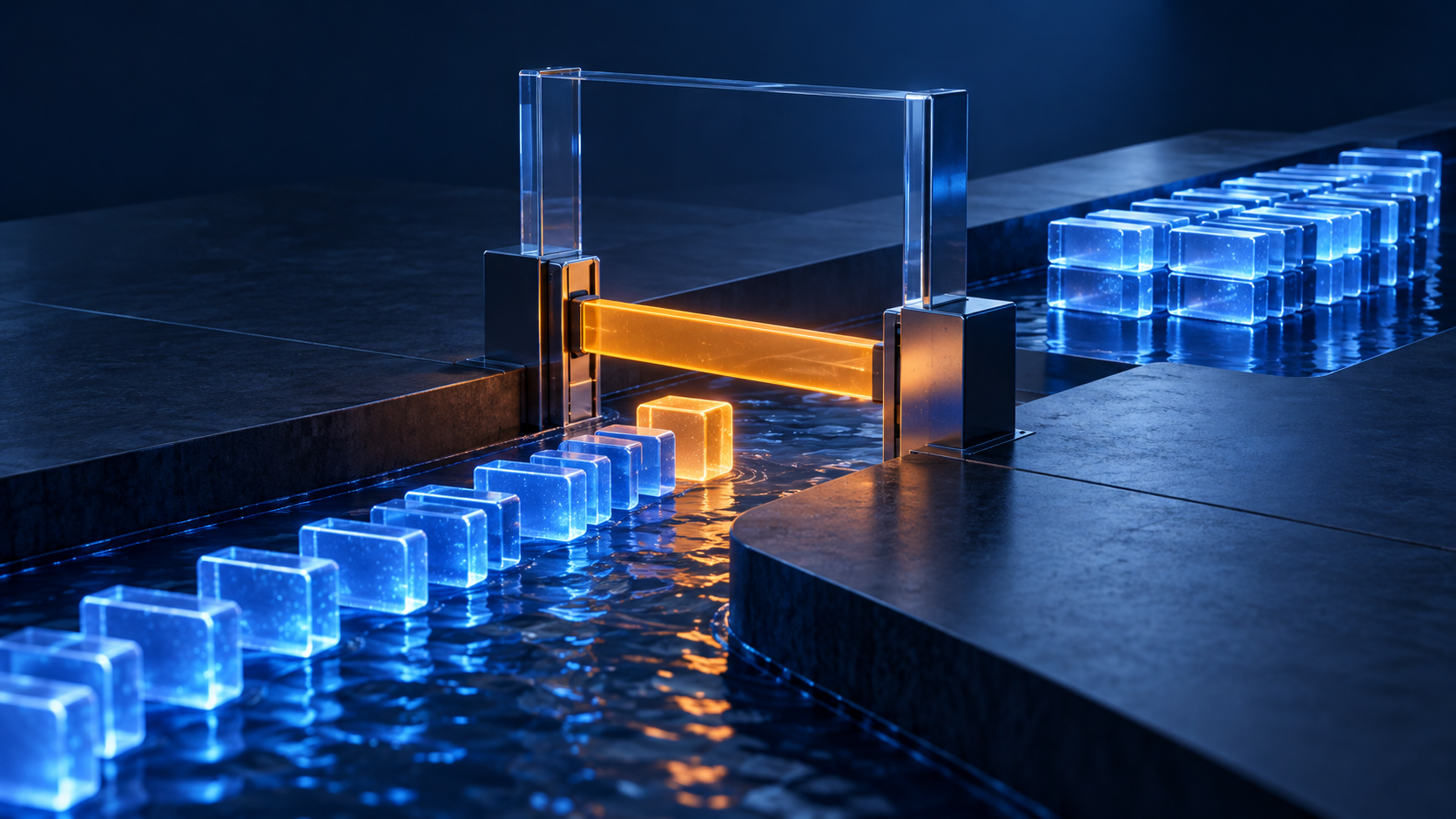 A closed amber inspection gate holds back a new batch of data while previously approved blue data remains available.