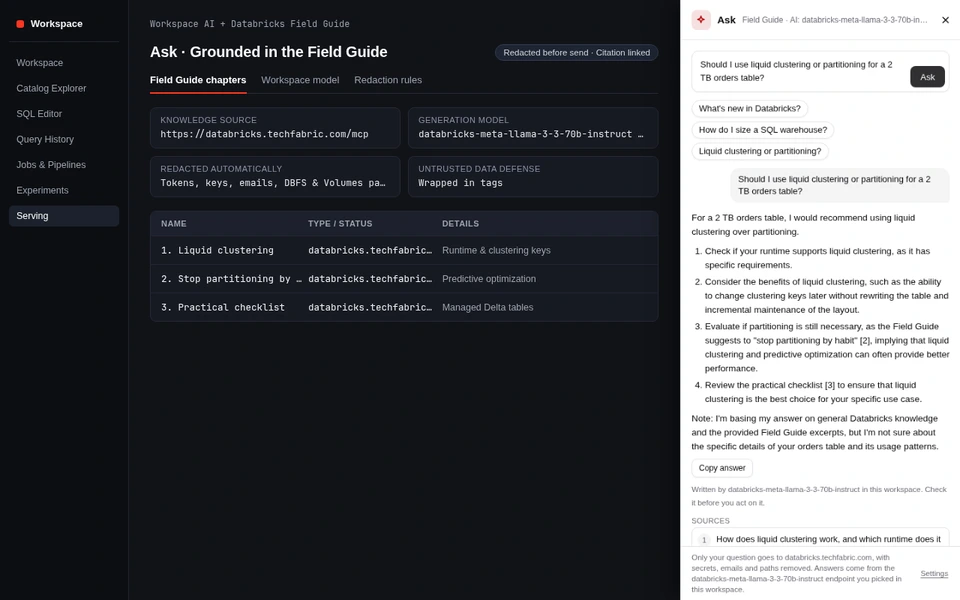 Ask sheet answering a liquid clustering vs partitioning question using the workspace model grounded in Databricks Field Guide chapters.