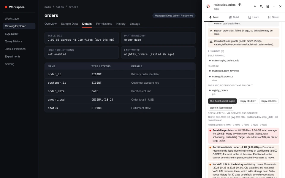 Delta health check showing 48,210 files averaging 196 KB, a partitioned table under 1 TB, and no VACUUM in 30 commits.