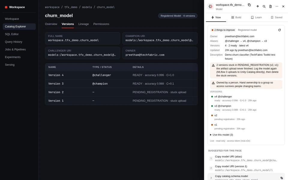 Registered model card showing @challenger on v4, @champion on v3, accuracy metrics, and two versions stuck in PENDING_REGISTRATION.