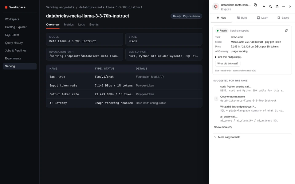 Serving endpoint card for databricks-meta-llama-3-3-70b-instruct showing DBU rates per 1M tokens, AI Gateway status, and calling code.
