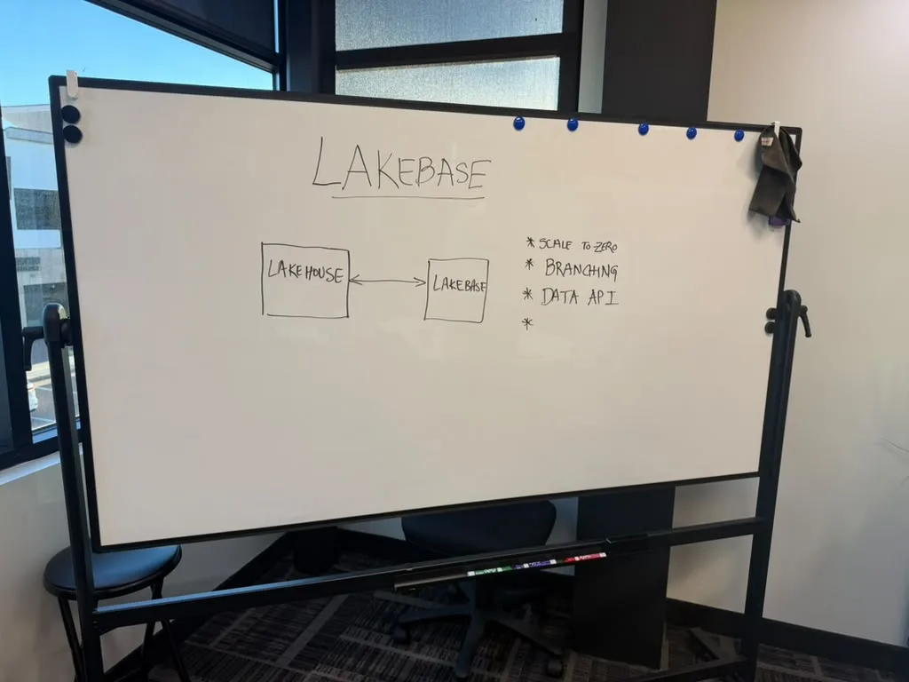 The whiteboard: a Lakehouse box and a Lakebase box with an arrow between them, and a list reading scale to zero, branching, data API.
