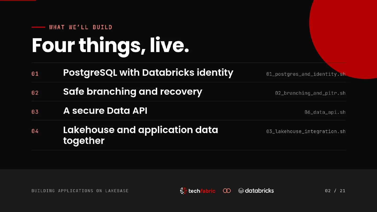 Slide 2: Four things, live. The running order, each with the script that ran it: PostgreSQL with Databricks identity, safe branching and recovery, a secure Data API, and lakehouse and application data together.
