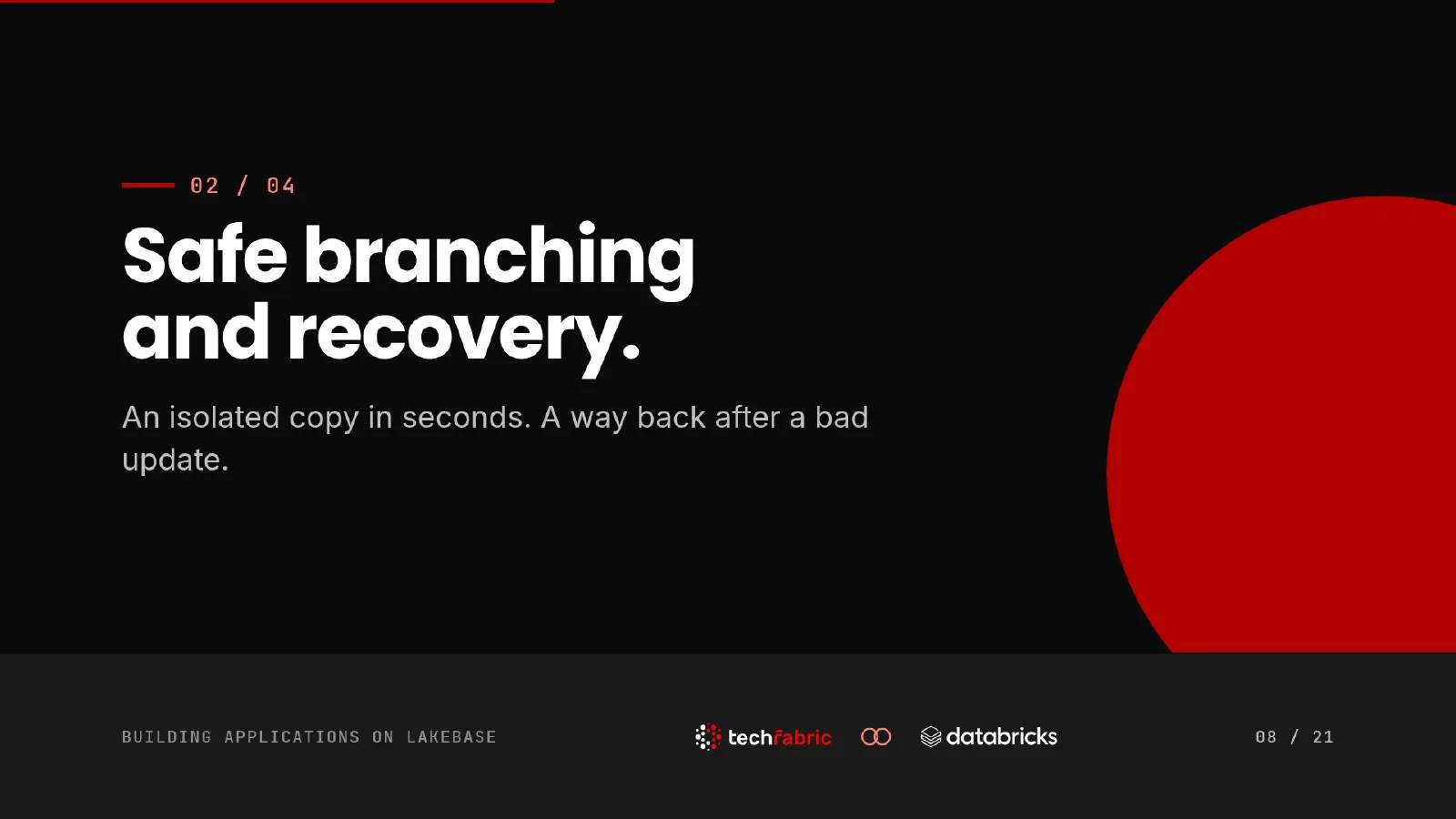 Slide 8: Safe branching and recovery. Section two of four. An isolated copy in seconds, and a way back after a bad update.