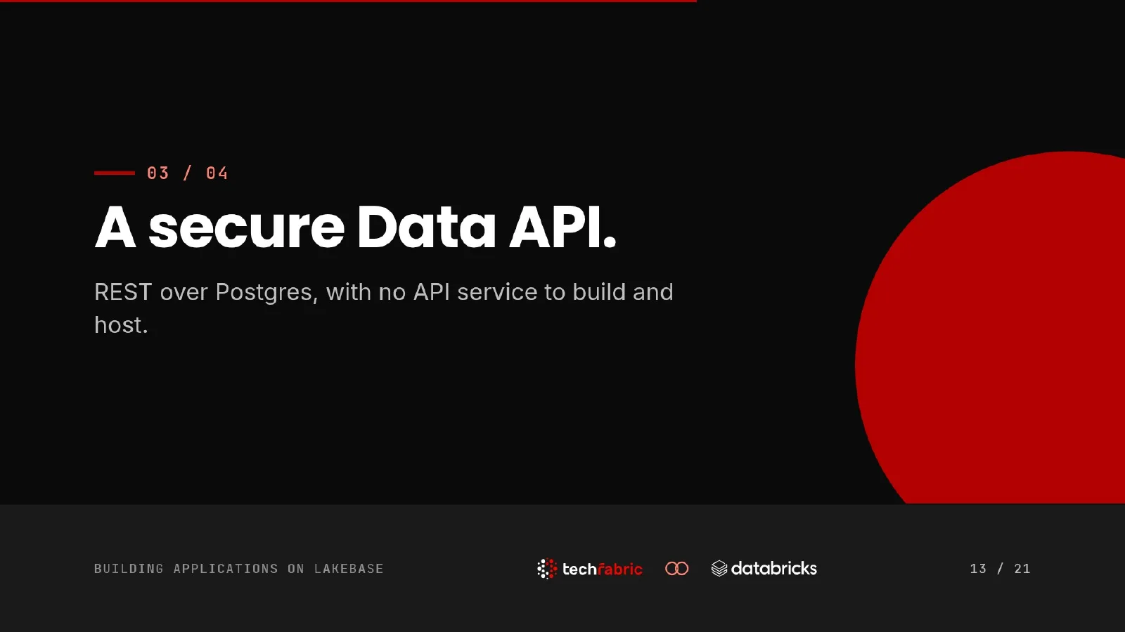 Slide 13: A secure Data API. Section three of four. REST over Postgres, with no API service to build and host.