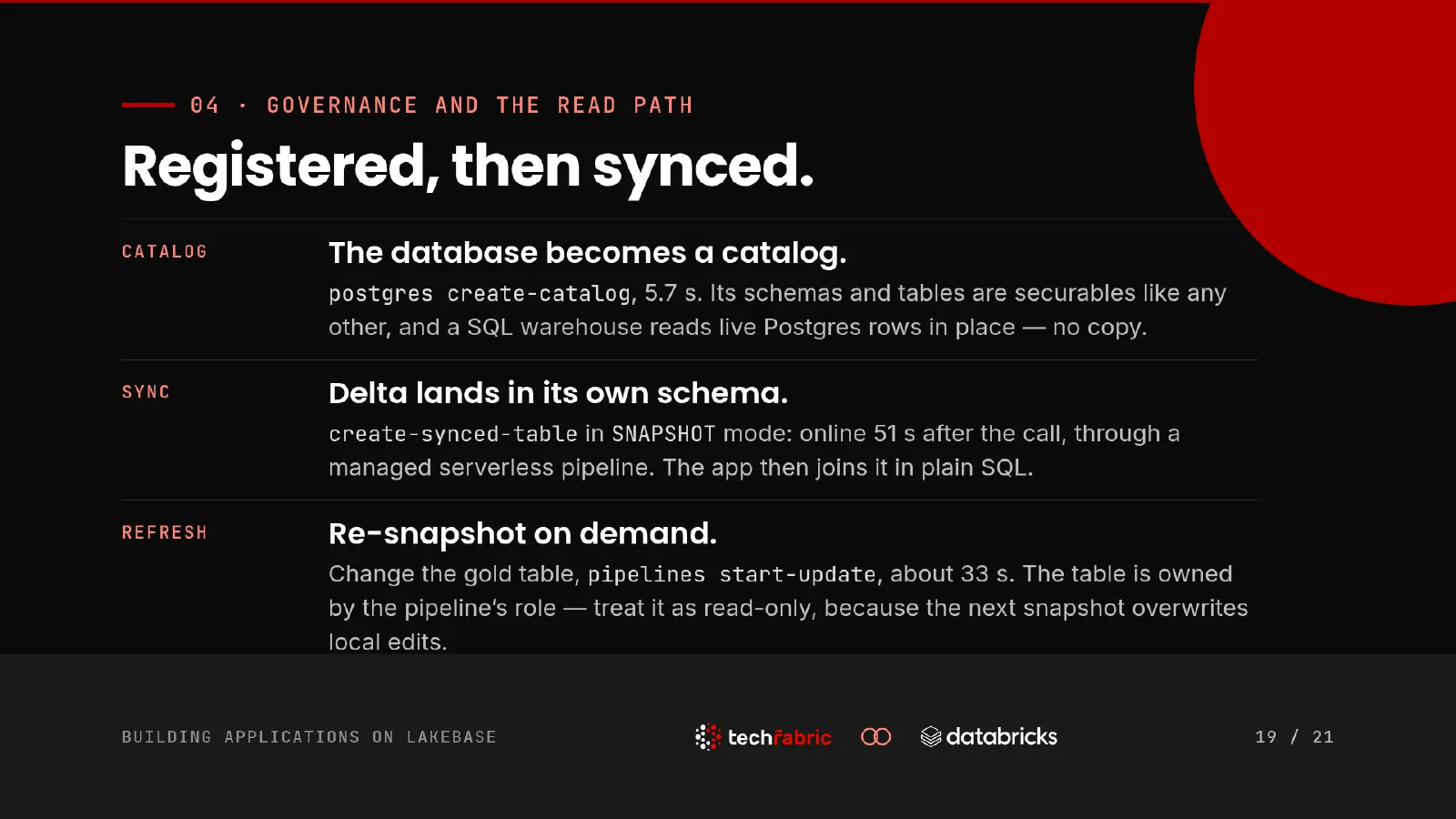 Slide 19: Registered, then synced. postgres create-catalog took 5.7 seconds and makes the database a Unity Catalog catalog, with a SQL warehouse reading live Postgres rows in place and no copy. create-synced-table in SNAPSHOT mode was online 51 seconds after the call, and a re-snapshot runs about 33 seconds.