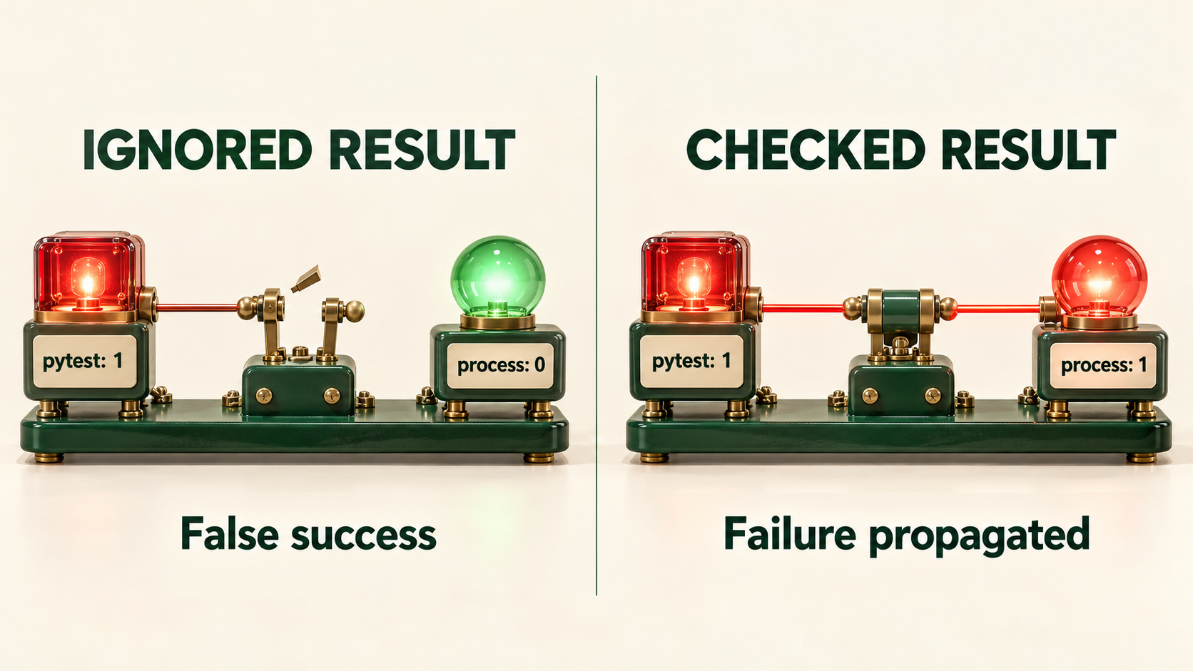 The same pytest failure produces two process outcomes: ignored return code, exit 0; checked return code, exit 1.