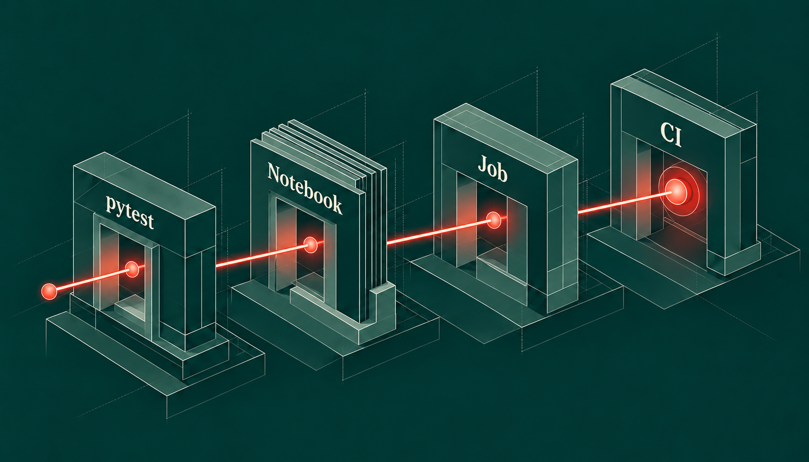 A red failure signal passes through four gates labelled pytest, Notebook, Job and CI.