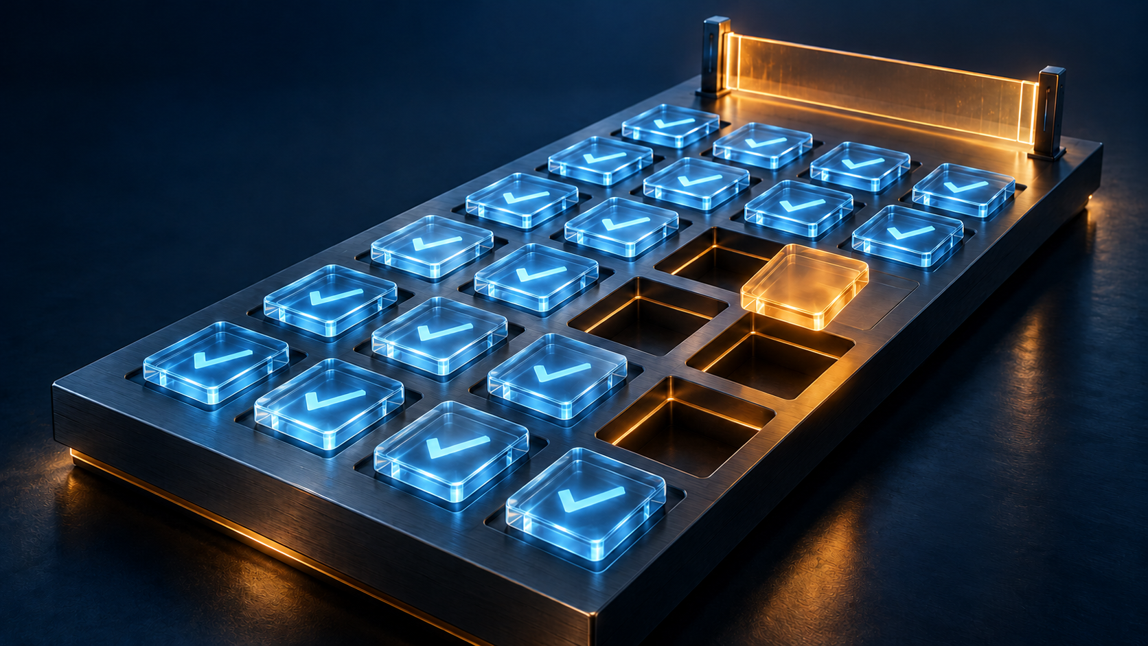 An evaluation tray contains blue approved tiles and amber empty slots behind a closed release barrier.