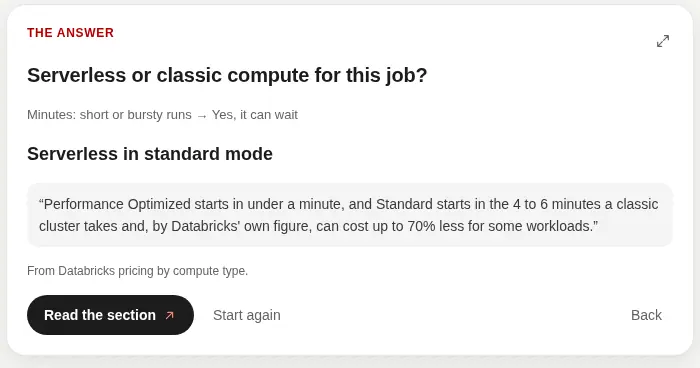 The guide's answer for a job that can wait: serverless in standard mode, quoted from the pricing section.