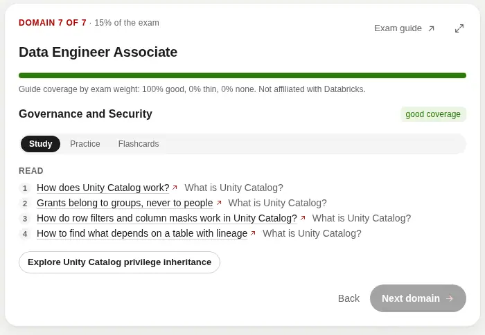 Exam prep for the Data Engineer Associate, on Governance and Security, with the sections to read.