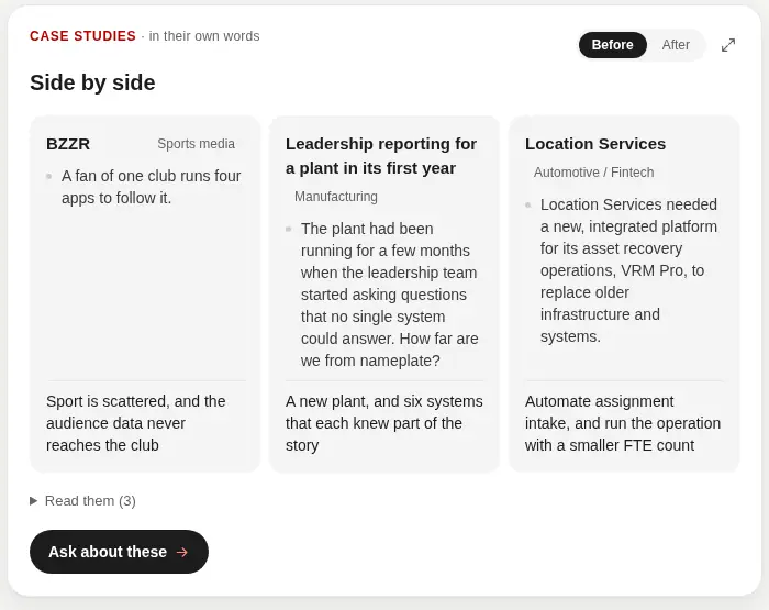 Three published case studies side by side on Before: BZZR, leadership reporting for a plant in its first year, and Location Services.