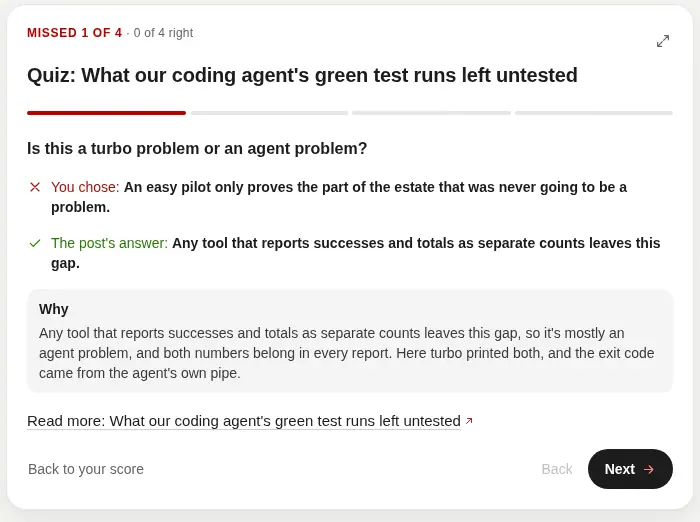 A missed question from the coding-agent test-run post, with the post's answer next to the wrong pick.