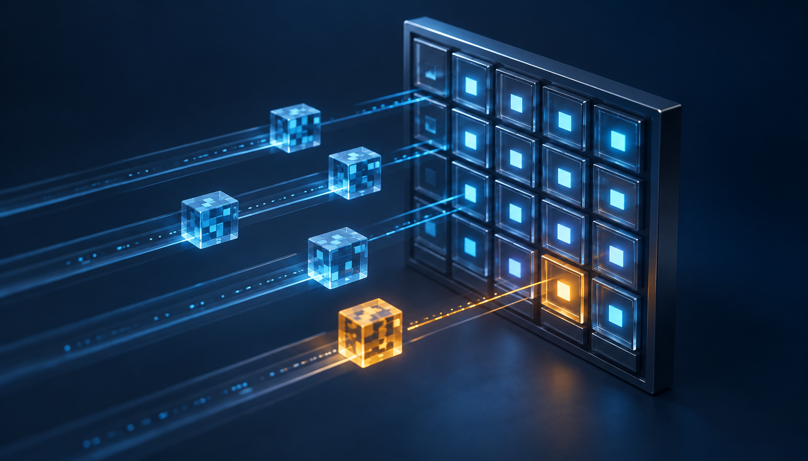Conceptual inspection matrix with an amber defect among blue data blocks.