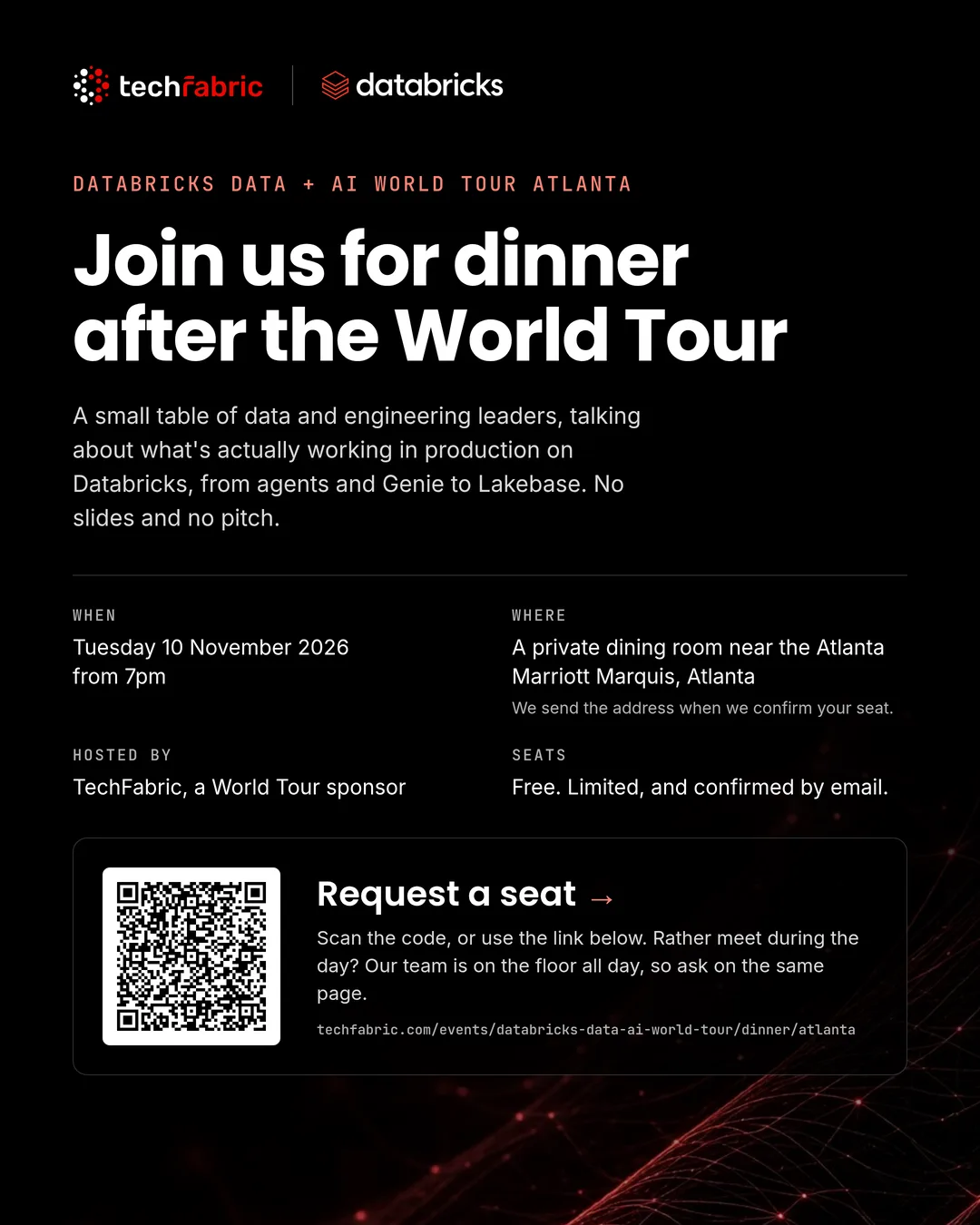 Flyer: Dinner after Databricks Data + AI World Tour Atlanta, 10 November 2026, with a QR code to request a seat.
