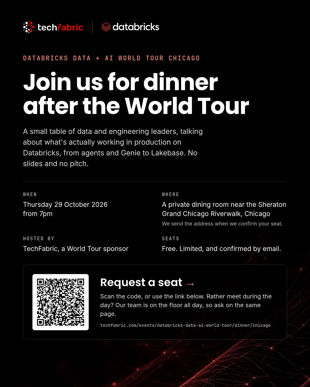 Flyer: Dinner after Databricks Data + AI World Tour Chicago, 29 October 2026, with a QR code to request a seat.